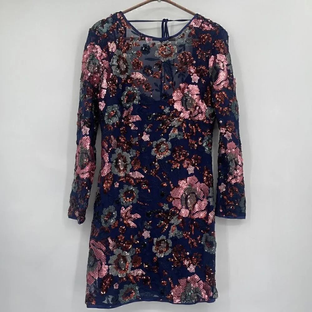 Anthropologie Navy Pink Floral Sequin Embroidered Open Back Mini Dress 6P NWT